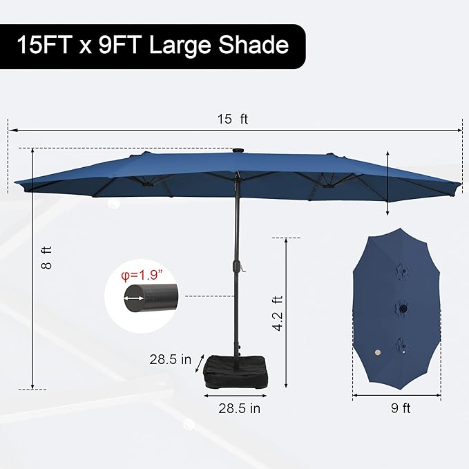 Sundale Outdoor 15ft Large Patio Umbrella with Base Included and Umbrella Cover, Outdoor Double-Sided Umbrella