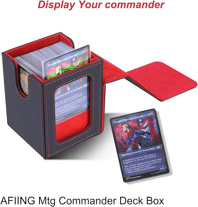 AFIING MTG Deck Box for Commander Display,Card Deck Box Fits 100 Double Sleeved Cards, Magic Commander TCG Card Storage Box with 2 Dividers,Drawstring Bag and 1 Toploader(Black/Red)