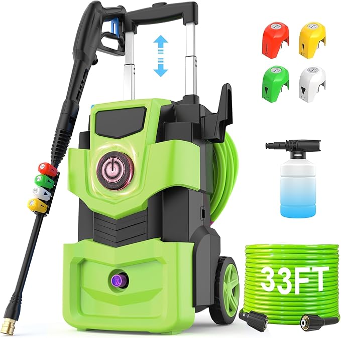Adjustable Pressure Cleaner with 33FT Flexible Extension Hose + 34FT Power Cord, 4 Nozzles, Foam Cannon, Best Power Cleaner for Cars, Patios, Driveways, Green