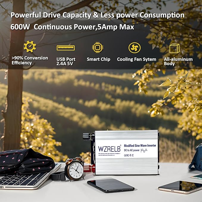 WZRELB 600W Power Inverter 24V DC to 110V 120V AC,Modified Sine Wave Car Inverter with LED Display,USB Port,Soft Starter,Off-Grid Power Converter with High Efficiency up to 90%