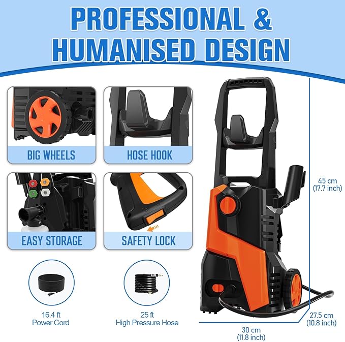 Pressure Washer Power Washer with 25FT Hose,4500PSIIMAX, 4 Quick Connect Nozzle, 500ml Foam Bottle for Car Patio Drive Home Outdoor Cleaning