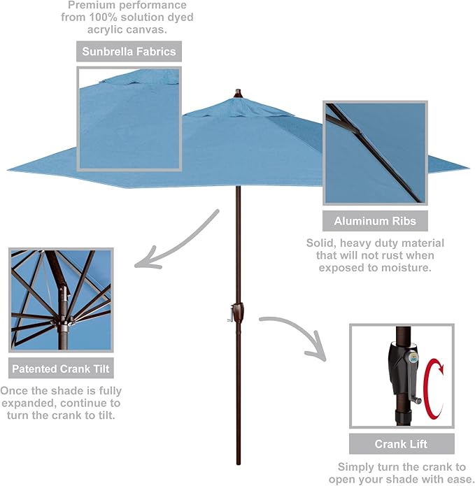 California Umbrella 9' Rd Sunbrella Aluminum Patio Umbrella, Crank Lift, Auto Tilt, Bronze Pole, Canvas Cyan Fabric