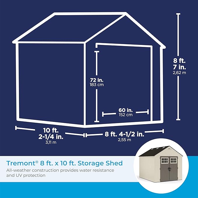 Suncast 8x10 Ft. Outdoor Storage Shed - Large Resin Outdoor Shed with Floor Included, Lockable Double Doors & Skylights. 547 Cu Ft Tremont Garden Plastic Sheds for Lawn Tools, Riding Mowers, & Bikes