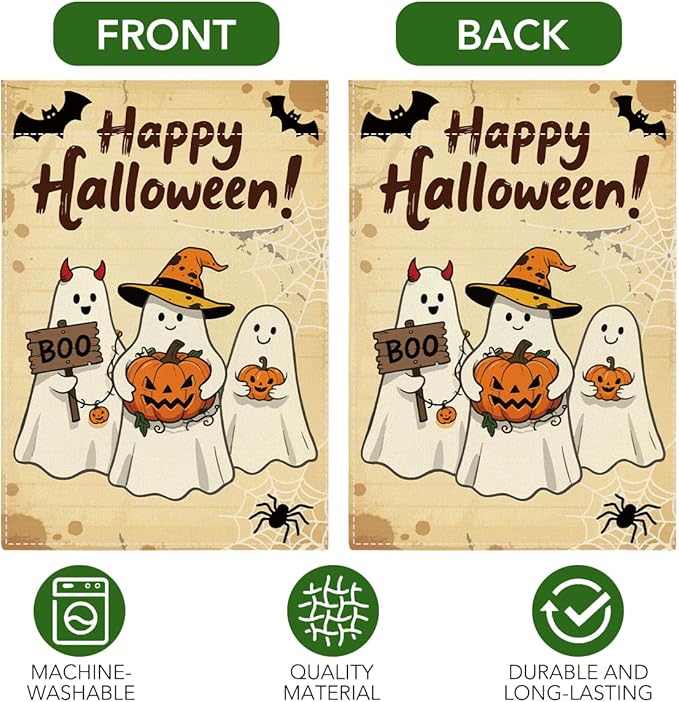 Happy Halloween Garden Flag Ghost Bat Fall Pumpkins Halloween Themed Holiday Party Outside Outdoor Lawn Decorations Yard Flag Double Sided 12x18 Inch