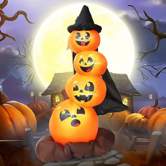 DearSun 6FT H Halloween Inflatable Stacked Pumpkins with Witch’s Hat, Blow up 4 Pumpkins Inflatable with Build-in LED Lights Outdoor Decorations Large Party Yard Decoration