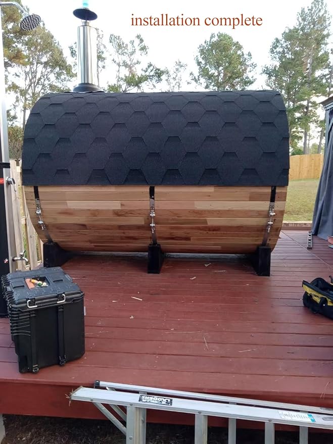 ZONEMEL Customize Outdoor Steam Saun, Traditional Barrel Sauna for 4-8 Person, Canadian Pine/Hemlock/Cedar, Porch Option, Window Selection, Wood Burning Stove (0-195 °F)