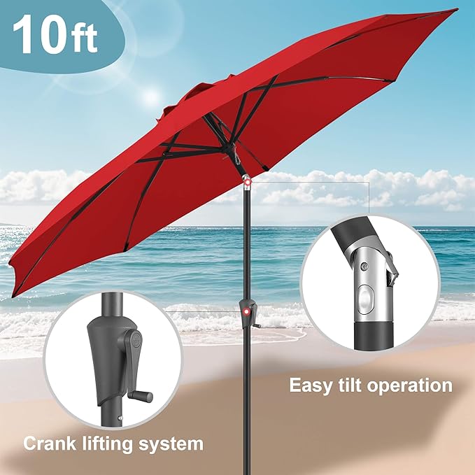 FLAME&SHADE 10 ft Outdoor Market Patio Table Umbrella with Fiberglass Rib Tips and Tilt, Red
