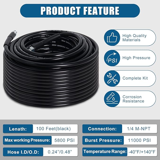 100FT Sewer Jetter Kit for Pressure Washer, 5800PSI Water Jet Durable Drain Cleaner Hose 1/4 Inch NPT Corner with 4 Specialized Nozzles，Waterproof Tape, Pearl Corsage Pin, Handle Strap & 2 Spanners