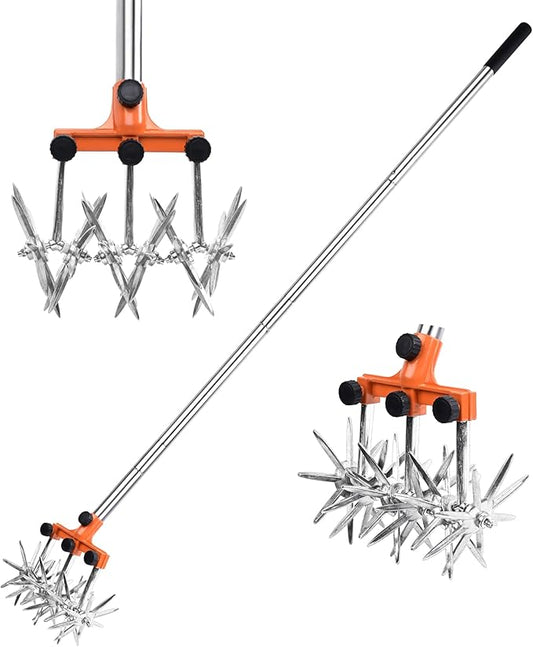Rotary Cultivator Garden Rotary Tiller Adjustable Stainless Steel Poles Hand Tiller for Soil Mixing or Reseeding Grass Lawn Tiller Total Length 57 Inch.