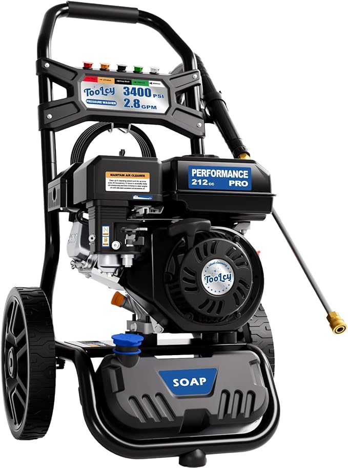 TOOLCY Gas Pressure Washer 3400PSI/2.8GPM Power Washer Upgraded Pump, 30ft Hose, Onboard Soap Tank, Spray Gun &5 Quick-Connect Nozzles for Driveway, Deck, Car Cleaning