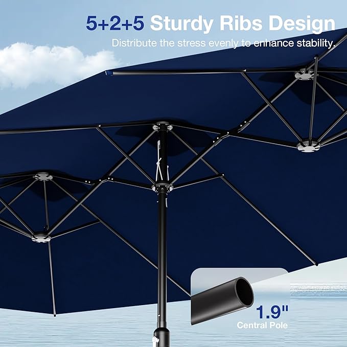Joyside 15FT Large Patio Umbrella with Base Included, Outdoor Double Sided Umbrella, Rectangle Umbrella with Crank Handle, 12 Sturdy Ribs for Deck, Porch and Pool