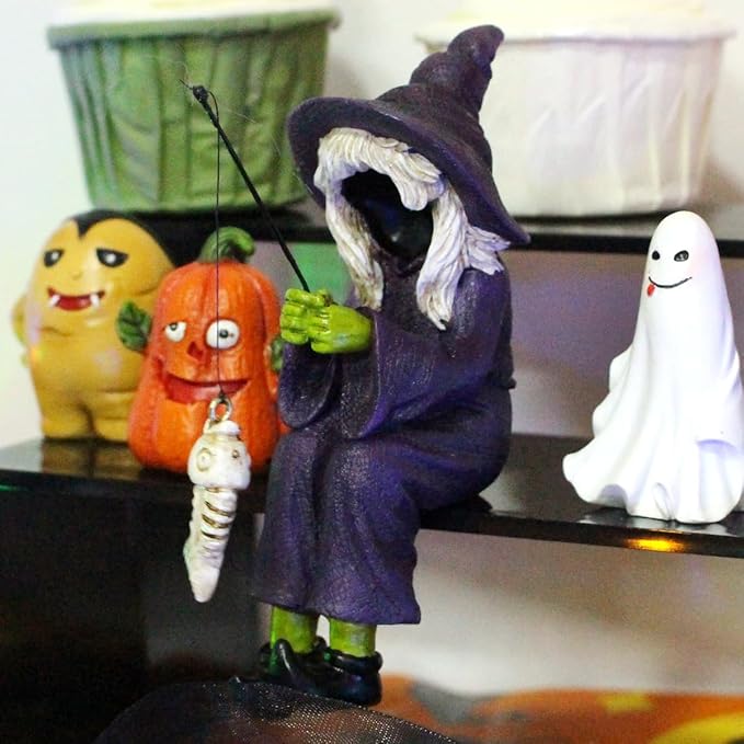 Fishing Witch Statue Funny Halloween Decorations, 4.7 Inch Sitting Witch Figurine Shelf Sitter Resin Sculpture for Outdoor Garden Yard Lawn Pond Waterfalls Pool Ornaments