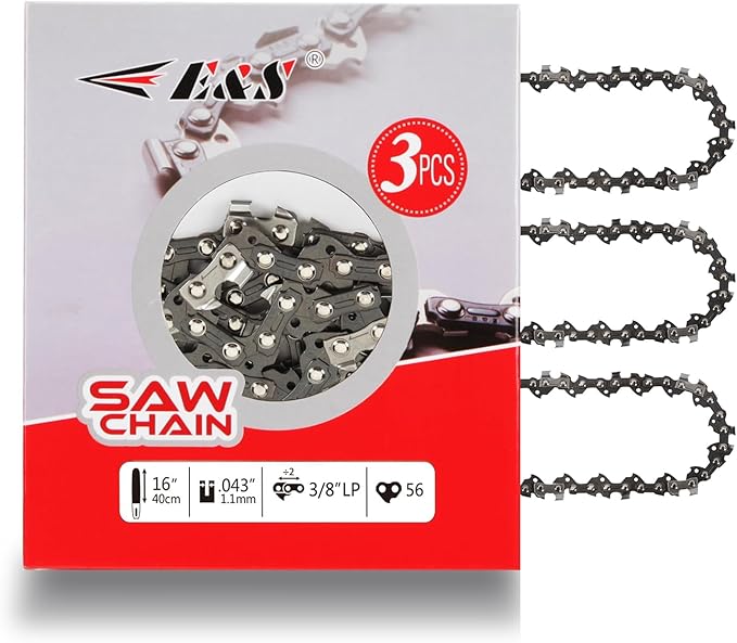 E & S 3 Pack 16 Inch Chainsaw Chain 3/8" LP Pitch .043" Gauge 56 Drive Links Semi-Chisel Chain Saw Chains for Husqvarna, Poulan, Craftsman, Greenworks and More Chainsaw Brands