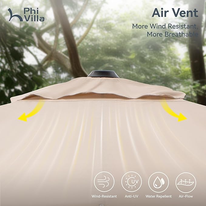 PHI VILLA 9'x12' Outdoor Patio Deck Umbrella with Base. 360° Rotation & 6-Level Tilt with Easy Crank Handle. Rectangle Offset Cantilever Umbrella Heavy Duty for Garden Poolside Backyard (Beige)
