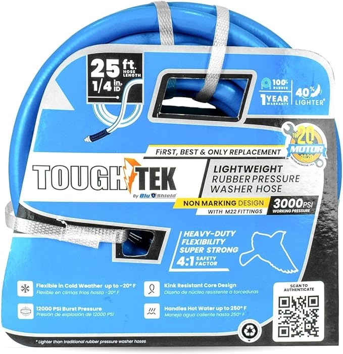 Blu Shield Tough Tek Rubber Pressure Washing Hose 1/4" X 25' with M22 Fittings Non Marking (3000:12000 PSI)