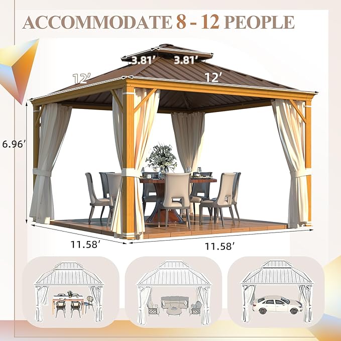 YOLENY 12' x 12' Hardtop Gazebo, Wood Grain Aluminum Frame Canopy with Galvanized Steel Double Roof, Outdoor Patio Gazebo with Netting and Curtains for Backyard, Patio, Lawns