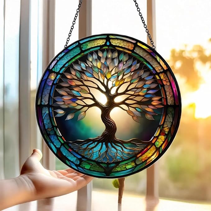Colorful Tree of Life Suncatcher -7.9 in Stained Glass Window Hanging Catcher Garden Decor
