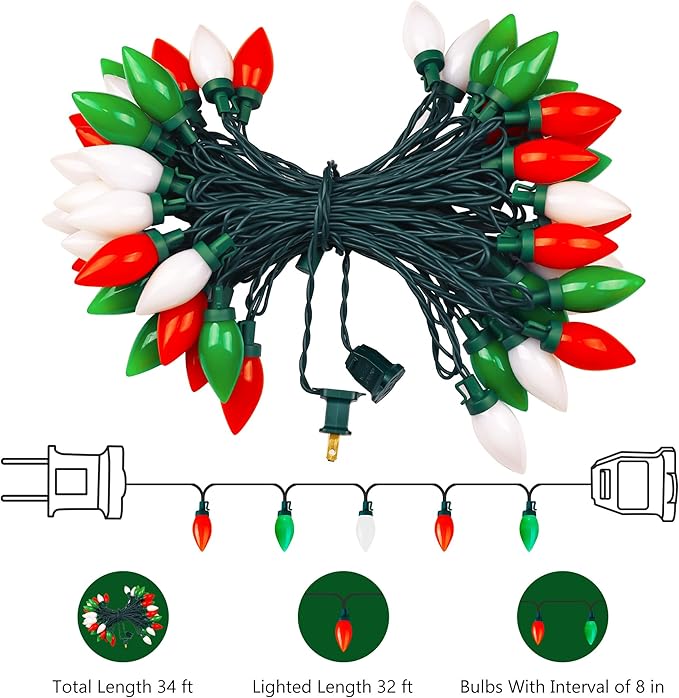 HAYATA C9 Big Bulbs Classic Christmas Lights 50 LED 32ft Strawberry String Light - Outdoor, Indoor, Garden, Yard, Party, Home, Wreath, Garland,Tree (Red White Green - 50LED)