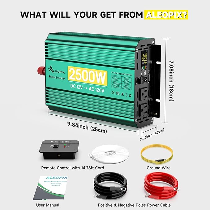 2500 Watt Inverter 12V to 110V/120V, 5000W Peak Truck Power Inverter Modified Sine Wave AC to DC Converter with Remote LED Didplay 5V 3.4A USB Port 2 AC Outlets for Vehicles Car RV