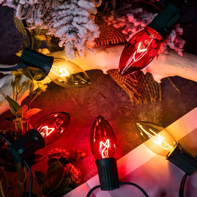 Minetom C9 Red & Clear Christmas String Lights, 25FT 25 Blubs Bright & Warm Outdoor Christmas Lights, Long Life C9 String Lights for Tree Patio Gazebo Wreath, Green