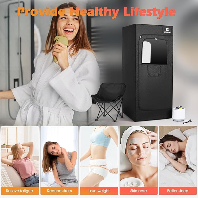 COSVALVE Portable Steam Sauna Box with Red Light for Home with 1200W 3L Steamer, Comfort Folding Chair, Indoor at Home Sauna Tent, Personal Steam Room for Relaxation, 2.6' x 2.6' x 5.9', Black