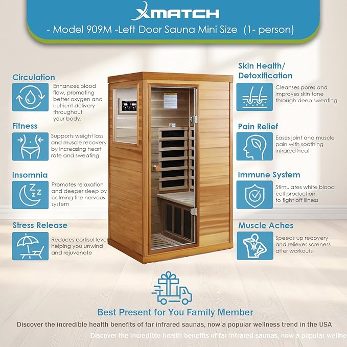 Saunas 909Mini Far Infrared Sauna, Indoor Dry Sauna (Red Cedar, 1 Person Mini Size Left Door)