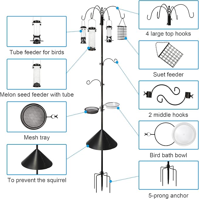 6-Hook Bird Feeding Station, Steel Multi-Feeder Kit Stand for Attracting Wild Birds w/ 4 Bird Feeders, Bird Bath, Mesh Tray and Squirrel Guard Baffle，94 Inch