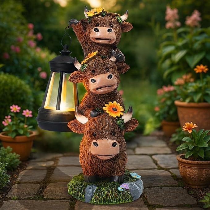 Solar Three Highland Cow Statues Outdoor Garden Decor with Latern Funny for Yard Lawn Ornaments Porch Patio Balcony Home Birthday Easter Gifts for Women Grandma Mom