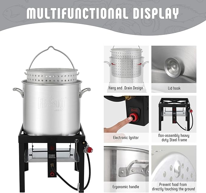 80QT Outdoor Propane Aluminum Boiling Pot with Basket, Crab Steaming, Crawfish Boil, Seafood Boil Pot, Crawfish Cooker, Low Country Boil Pot, Non-Assembly Frame Stand, CSA Certified