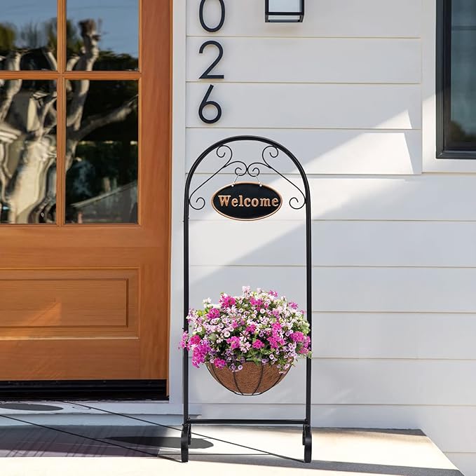 Metal Welcome Planter Basket Stand with Coco Liner, 39.5” Hanging Planter Stand with Decorative Welcome Sign Outdoor Decor for Garden, Patio, Deck, Entry and Front Porch