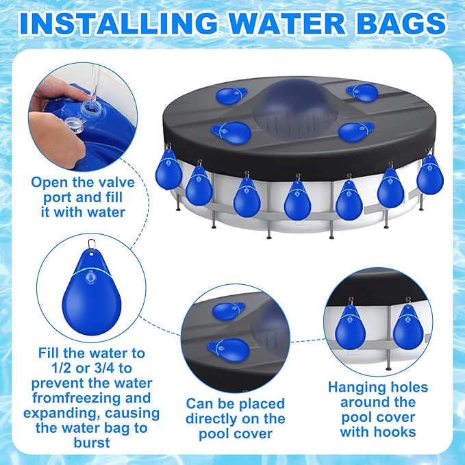 Hungdao 4ft Pool Pillow Cover for Above Ground with 12 Pcs Inflatable Pool Cover Weight with Hook Winter Ice Antifreezing Hanging Bag with Rope and Connection Buckle(Royal Blue,4ft,Round)