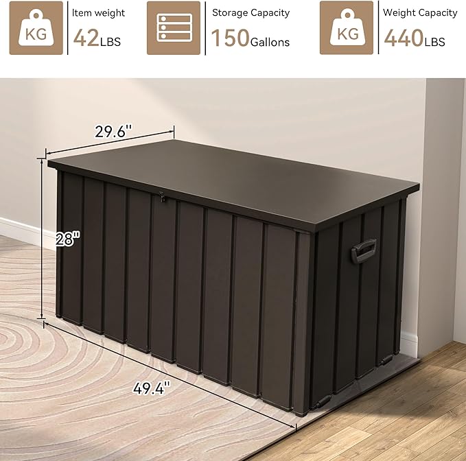 150 Gallon Large Outdoor Storage Box Metal, Waterproof Deck Box for Patio Cushion, Outside Storage Cabinet Rust/UV Resistant, Lockable Garden Tool Storage Bin for Porch Package Delivery, Brown