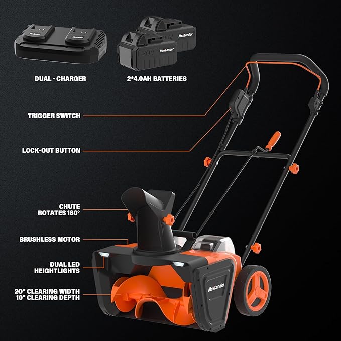 MAXLANDER Snow Blower Cordless, 40V 20-Inch Brushless Cordless Snow Thrower with Dual LED Lights, 180° Rotating Chute, Electric Snow Blower Battery Powered (2 x 4.0Ah Batteries and Charger Included)