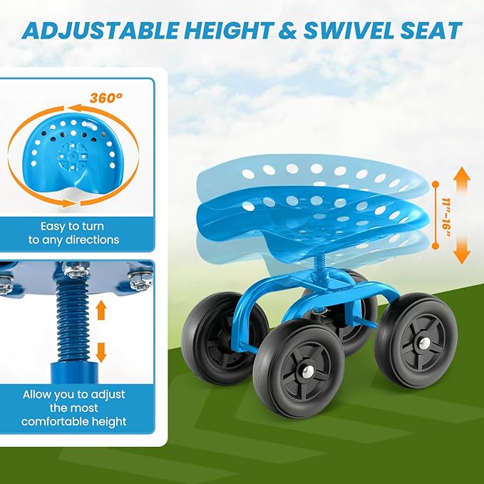 LDAILY Garden Seat with Wheels, Heavy-Duty Utility Stool Cart with Adjustable 11"-16" Height & 360° Rotatable, Rolling Garden Cart with Seat for Lawn Planting, Yard Work, Patio Gardening (Blue)