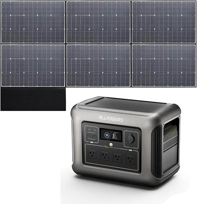 ALLPOWERS R1500 LITE 1600W/1056Wh & 3500+ Cycle LiFePO4 Battery with 4xAC Outlets, 650W MPPT, and UPS <15ms for Home, RV, Outdoor. (R1500 LITE+SP039-600W)