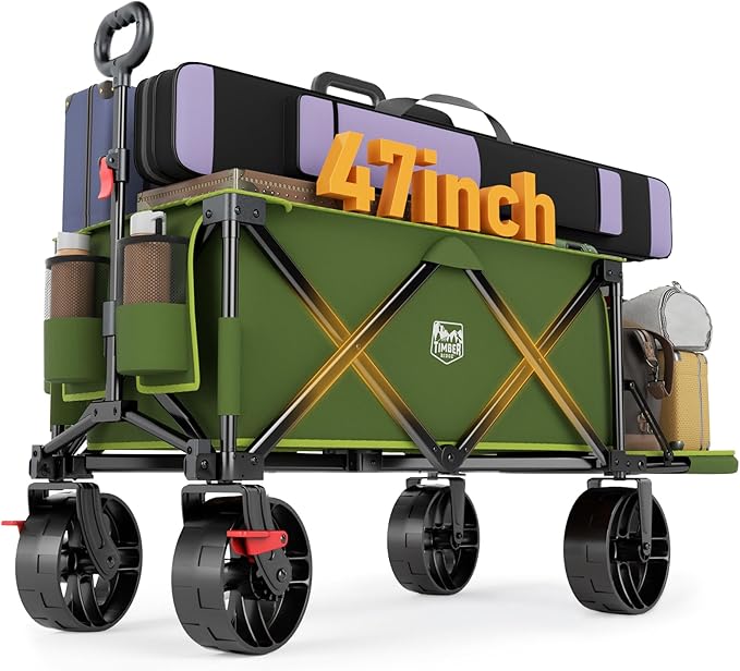 TIMBER RIDGE 47"L Collapsible Folding Wagon with Tailgate, 550lbs Heavy Duty Beach Wagon with All-Terrain Big Wheels, 250L Foldable Utility Wagon Cart for Sand Camping Sports Shopping, Green