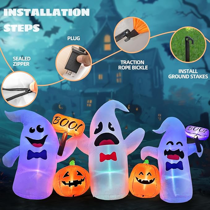 8FT Long Halloween Inflatable Ghosts and Pumpkins, 3 Blow Up Ghosts Inflatables with 2 Pumpkin Built-in LED Lights for Halloween Party Yard Garden Lawn Decorations