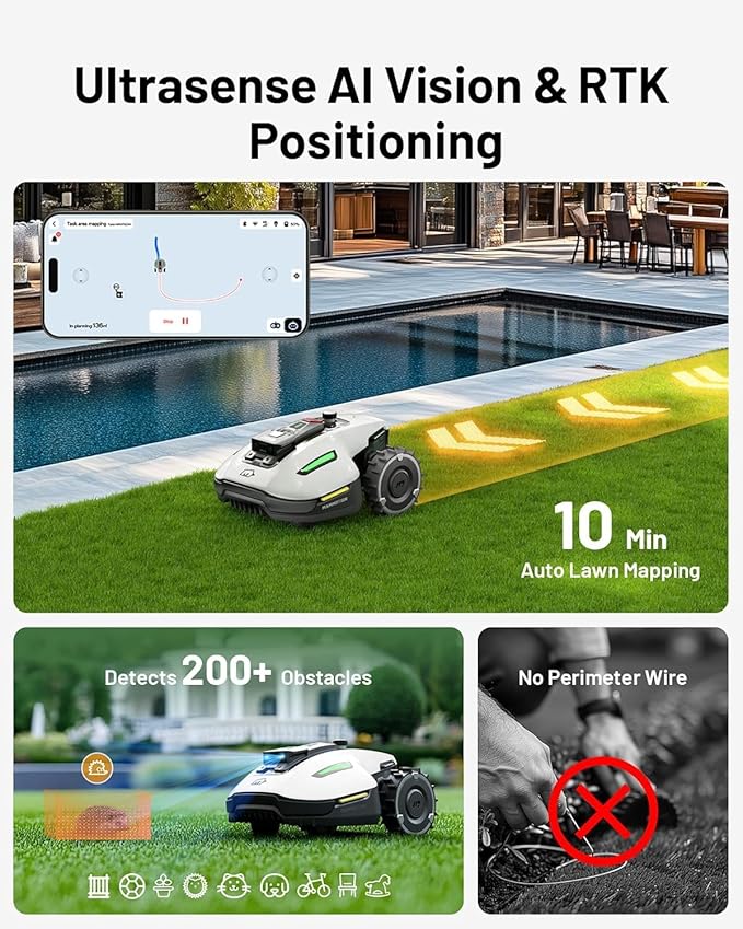 YUKA Mini 500 Robotic Lawn Mower with Replacement Blades for 0.12 Acre, Max. 0.25 Acre, Ultrasense AI Vision+ RTK Positioning, Auto Mapping, App Control, 50% Slope, 15 Mowing Zones Management