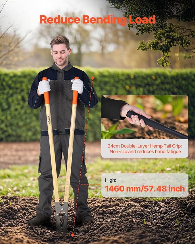 VEVOR Post Hole Digger, Heavy Duty Post Hole Digger with Wood Handle, Manual Hole Digger with Scale Markings and Metal Blade, Post Hole Digger Tool for Digging Yard Work Gardening Outdoors, 57.5-Inch