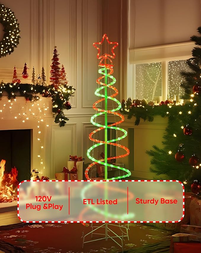 Double Spiral Christmas Tree Light Outdoor, Outdoor Light Up Christmas Tree with 8 Mode Controller, 120V Plug&Play ETL Waterproof for Xmas New Year Yard Garden, Red&Green, 7FT