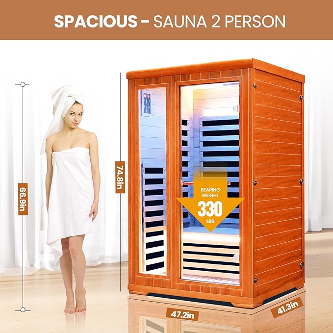 Sauna Infrared Sauna 2 Person Sauna Room Far Infrared for Sauna Home Indoor 1880W/110V Low-EMF Wood Okoume Dry Sauna Two Person Sauna with Air Hole, 7 Color Therapy, Speaker - 47.2 * 41.3 * 74.8 in
