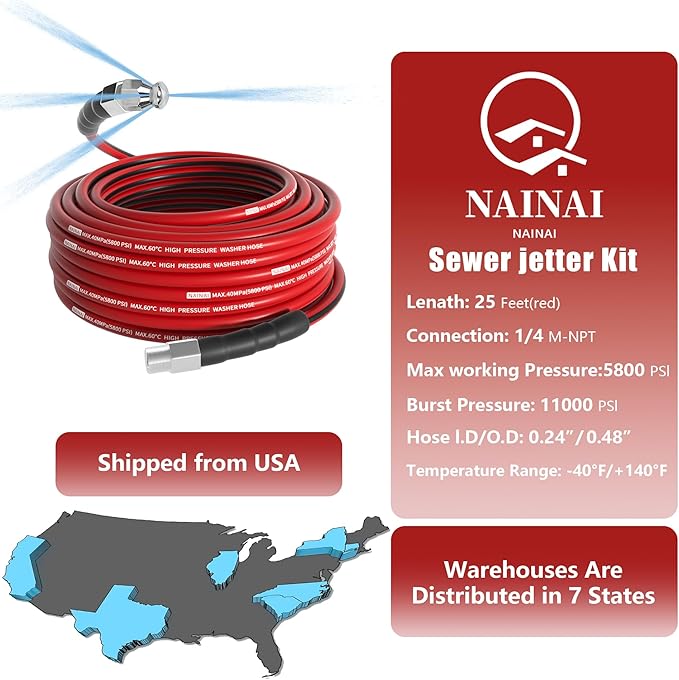 NaiNai 25FT Sewer Jetter Kit for Pressure Washer,1/4 Inch NPT Sewer Jetting Hose,Pressure Washer Drain Cleaner Hose 5800PSI with Sewer Jetter Nozzles, Gloves, Waterproof Tape (25FT)