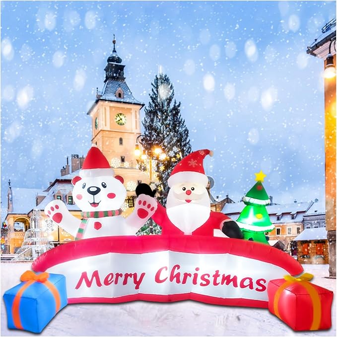 10 FT Inflatable Merry Christmas Banner Sign with Santa Claus Polar Bear Christmas Tree, Outdoor Inflatable Decoration with LED Lights Blow Up Decorations for Yard Holiday Xmas Party Garden Decor