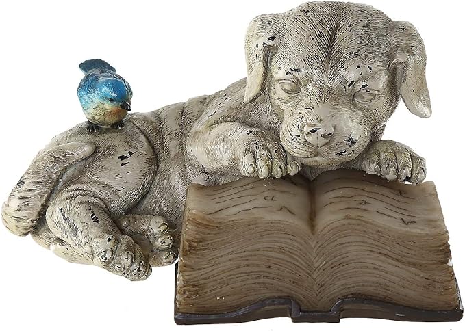 Topadorn Resin Dog Statue Solar Power Outdoor Statuary Cute Puppy for Garden Decoration, Dog Read a Book