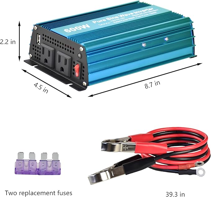 DC 12V to AC120V Pure Sine Wave Power Inverter 600W with Dual sockets Output and DC 5V 2Amp USB Output. Ideal for Most Small Power appliances. (600W)