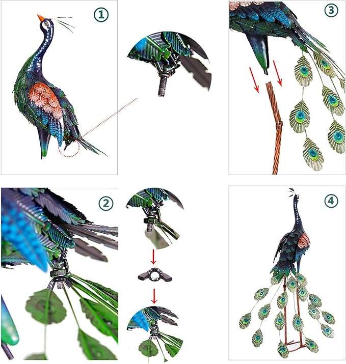 chisheen Garden Decor Outdoor Statues, Metal Peacock Decor for Outside, Garden Art Sculptures Standing for Patio Yard Lawn Home Decorations, Set of 2