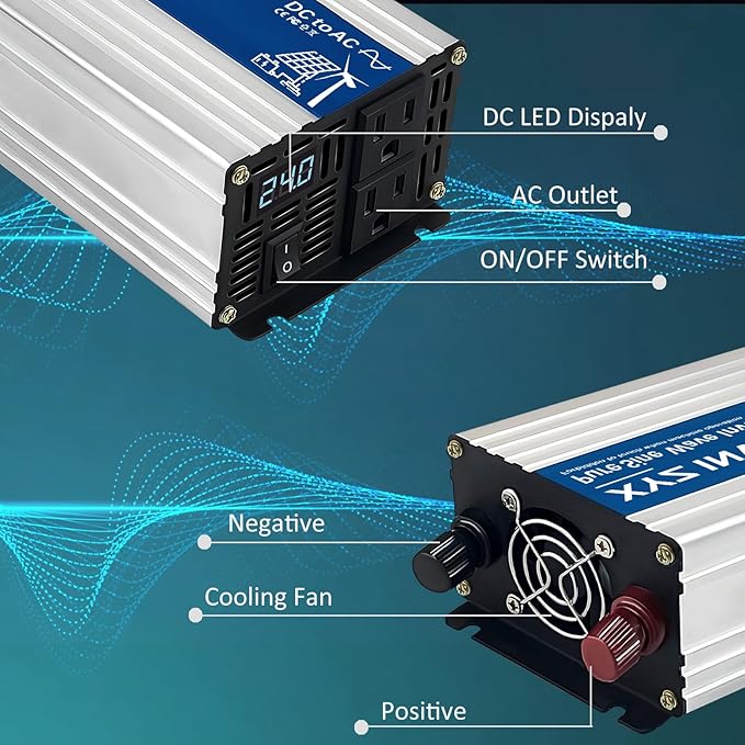 800W Pure Sine Wave Power Inverter DC 24V to AC 110V/120V, 1600W Peak, Car/Truck Power Converter for Solar, Home, Vehicle & Rechargeable Devices with LED Display