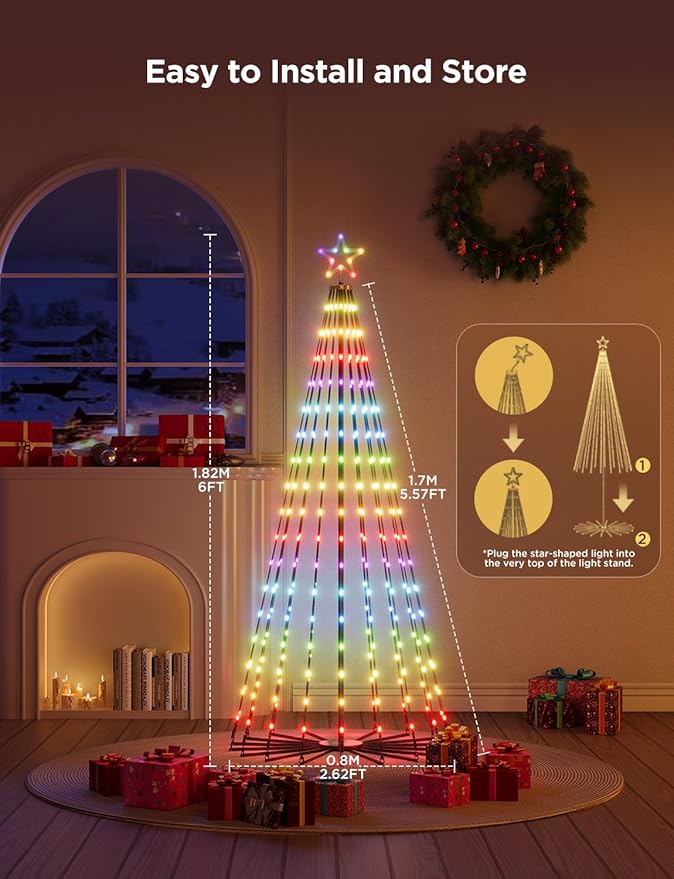 Govee Christmas Cone Tree Lights, 6ft 316 LEDs RGBIC Christmas Tree Lights with Smart App Control, IP67 Waterproof Outdoor String Lights for Xmas Decorations, 82+ Scene Modes, Music Sync, Black Stand