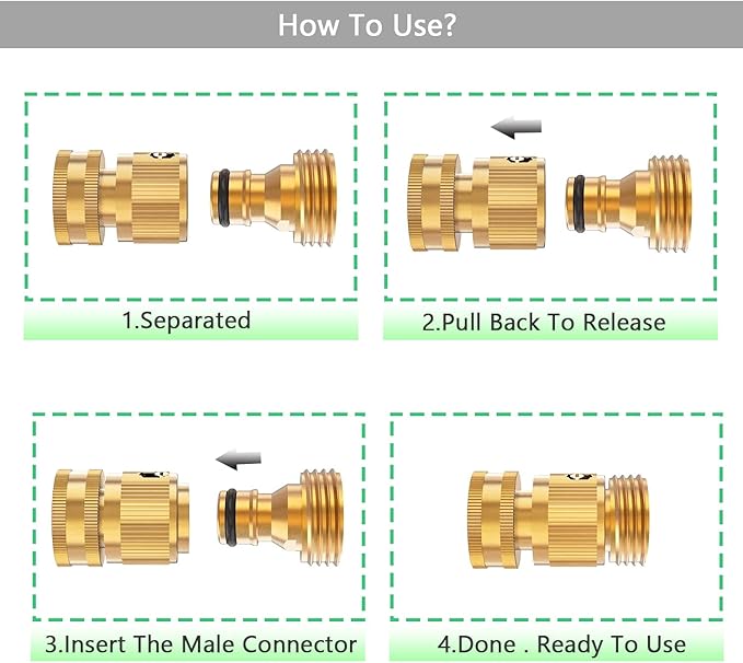 BoArt Garden Hose Quick Connector Set, Solid Brass 3/4 Inch Water Fitings Thread Easy Connect No-Leak Male Female 6 Sets