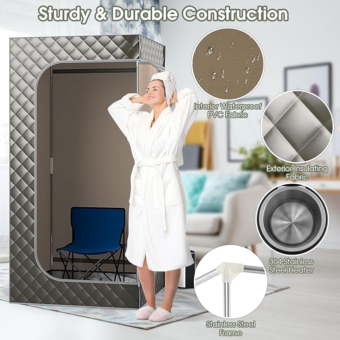 COSTWAY Portable Steam Sauna, Personal Home Sauna Tent w/ 3L Steam Generator, Foldable Chair, Remote Control, 9-Level Adjustable Temperature, Timer, Full-Size Indoor Steam Room for Home Spa (Grey)